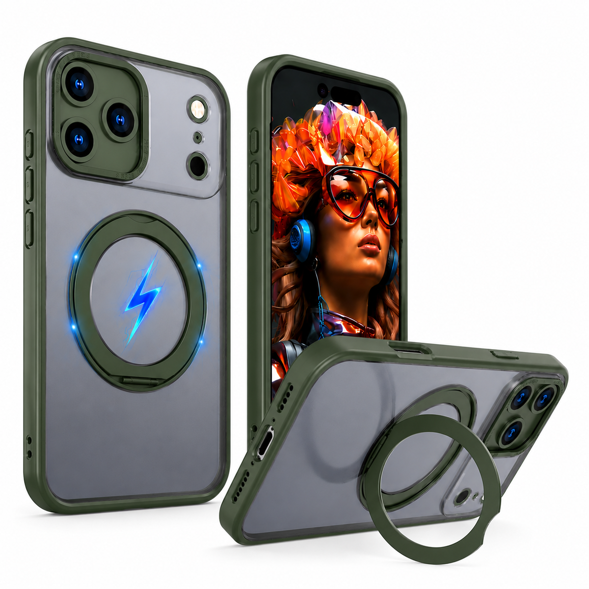 Green Military Grade iPhone 18 Pro Max Phone Case with Magnetic Stand