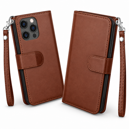 Bifold 9 Card detachable wallet for Apple iPhone 14 Pro Max - Brown - angled product view