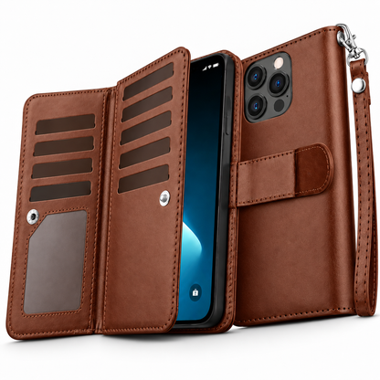 Bifold 9 Card detachable wallet for Apple iPhone 14 Pro Max - Brown - close-up design view