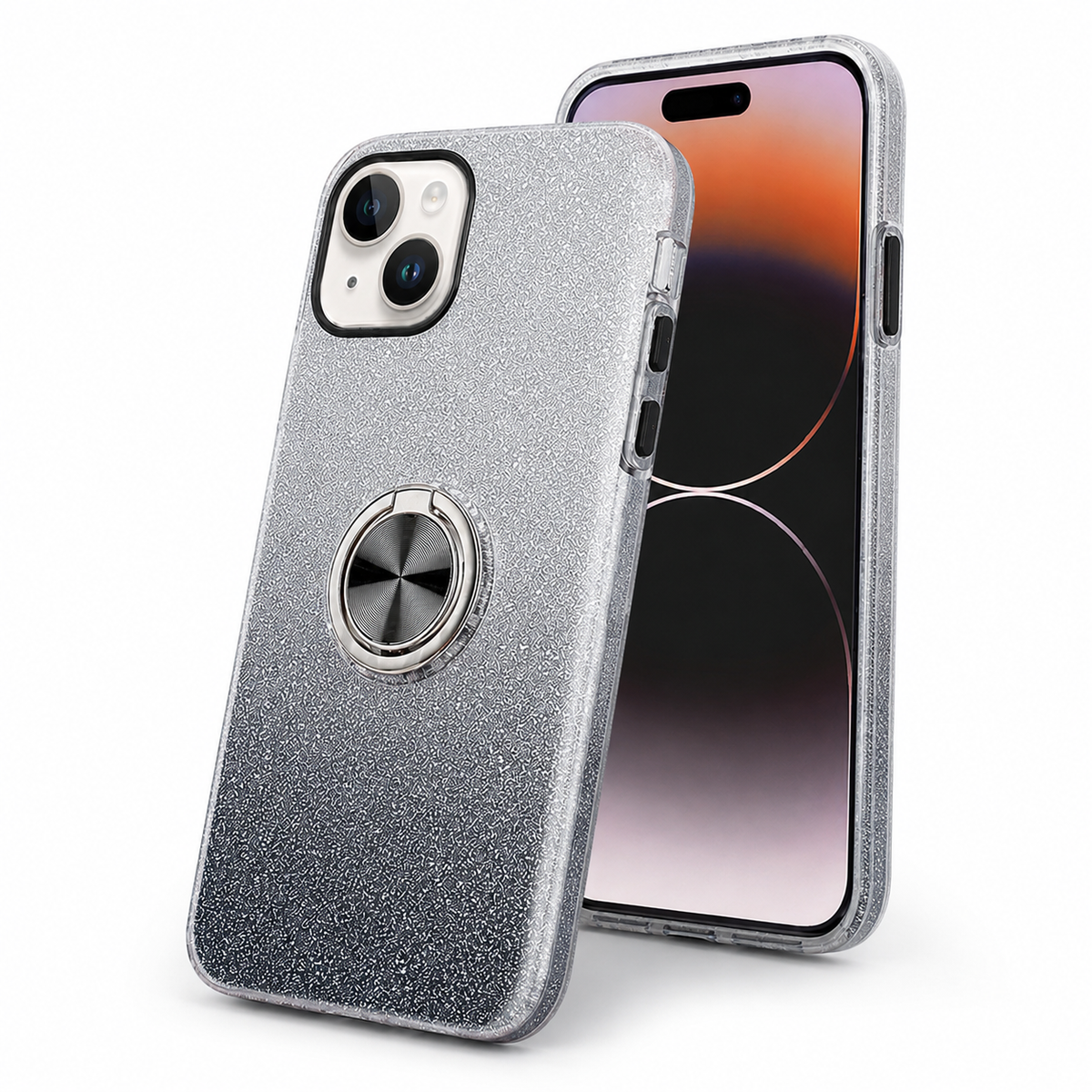 3-in-1 Glitter Ring Case for Apple iPhone 13 - Black/Silver