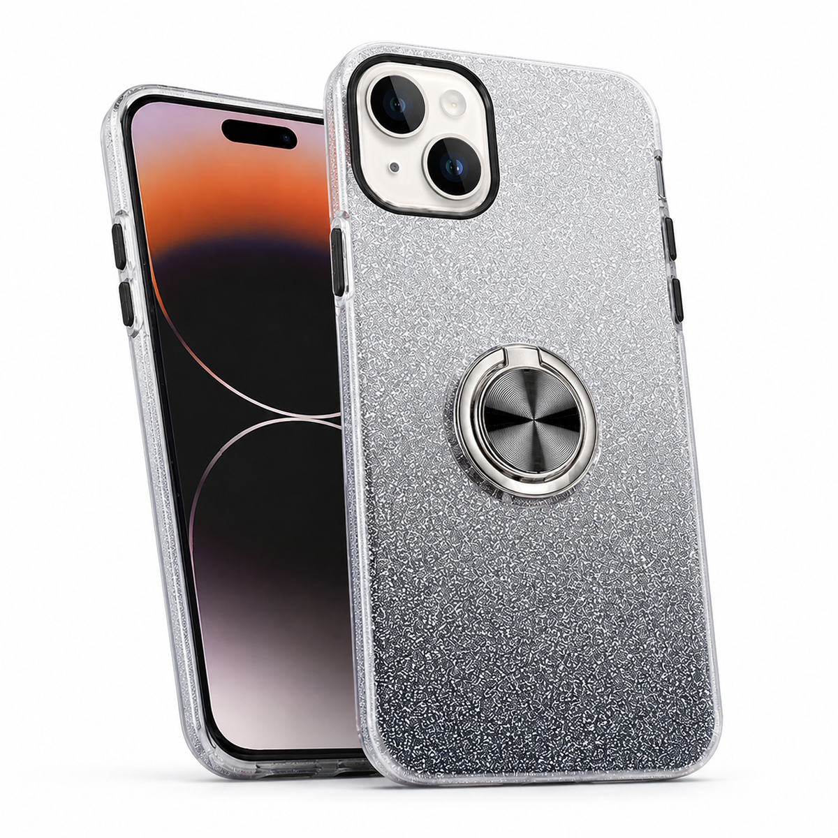 3-in-1 Glitter Ring Case for Apple iPhone 14 - Black/Silver
