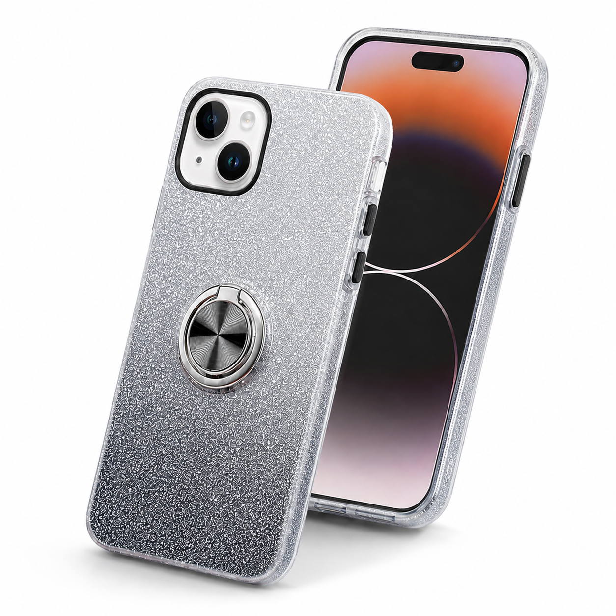 3-in-1 Glitter Ring Case for Apple iPhone 14 - Black/Silver