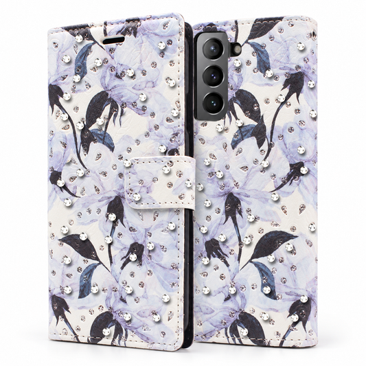 Diamond Wallet w/ Floral Design for Samsung Galaxy S23 Plus - Light Blue