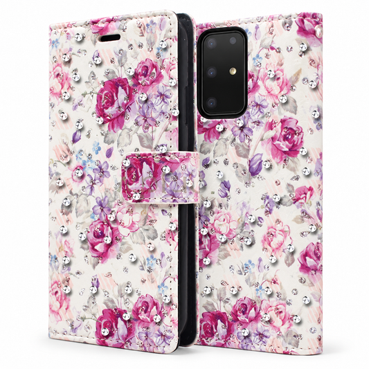 Diamond Wallet with Floral Design Case for Samsung Galaxy S20 Plus - Purple