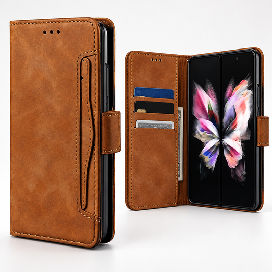 Brown Samsung Galaxy Z Fold 5 wallet phone case, Photo ID Wallet design, wallet-style mobile phone cover