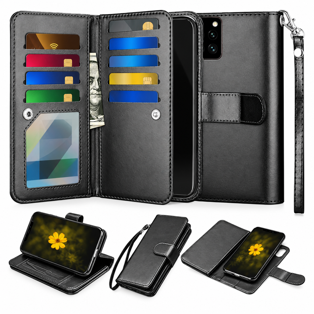Bifold 9 Card Detachable Wallet Case for Samsung Galaxy S20 Plus - Black