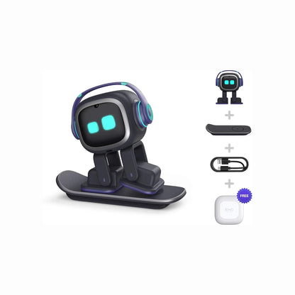 smart tech store Canada. premium tech accessories Canada. Living AI EMO AI Desktop Pet Companion Robot. Gallery image 3. A small, cartoonish robot with a round head and two glowing blue eyes is positioned on a sleek, dark skateboard-like base. The robot wears oversized headphones, adding a playful touch to its design. The background is a seamless white, emphasizing the product.