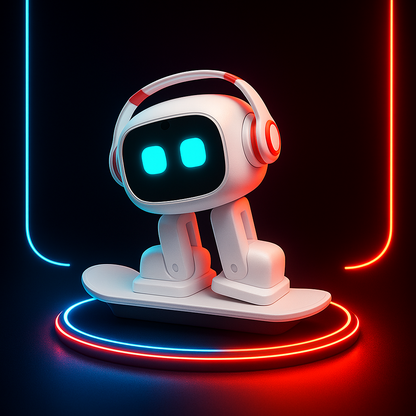 smart tech store Canada. premium tech accessories Canada. Living AI EMO AI Desktop Pet Companion Robot. Gallery image 1. A small, stylized robot figure stands on a white skateboard, centered in the frame. The robot has a glossy white body with a rounded head, large blue eyes, and red headphones. It is illuminated by soft, colorful neon lights—blue on the left and red on the right—creating a vibrant contrast against the dark background.