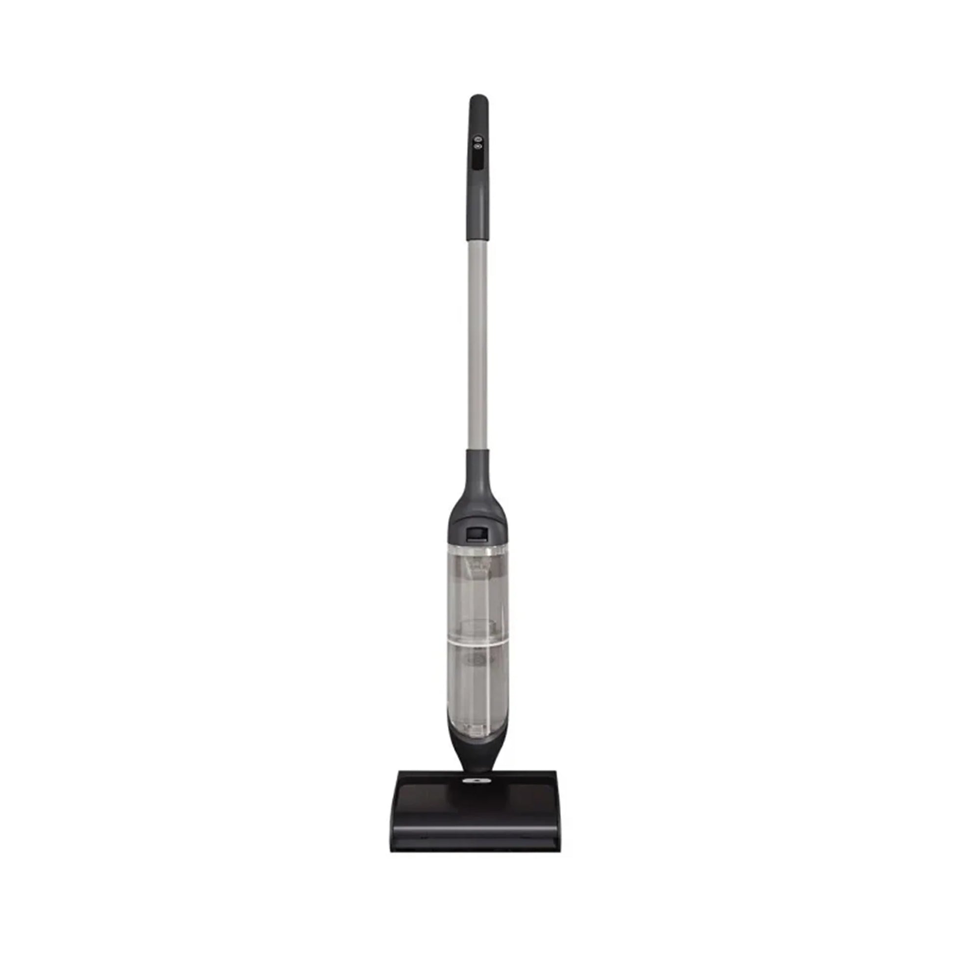 future tech gadgets Canada. smart tech store Canada. HiZero F300 All-in-One Bionic Floor Cleaner. Gallery image 1. A sleek, upright vacuum cleaner stands centered in the frame against a plain white background. The body features a combination of matte black and transparent plastic, showcasing the dust container. A silver handle extends upward, with a power button visible near the top. The base is square and black, providing stability.