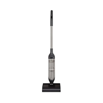 future tech gadgets Canada. smart tech store Canada. HiZero F300 All-in-One Bionic Floor Cleaner. Gallery image 1. A sleek, upright vacuum cleaner stands centered in the frame against a plain white background. The body features a combination of matte black and transparent plastic, showcasing the dust container. A silver handle extends upward, with a power button visible near the top. The base is square and black, providing stability.