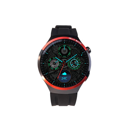future tech gadgets Canada. smart tech store Canada. Techtron FAMO51 Fashion Smart Watch. Gallery image 1. The smartwatch is centered in the frame, showcasing a round face with a black background and vibrant, illuminated details. The bezel is metallic with a striking red accent, while the strap is made of matte black rubber. The watch face features multiple dials displaying the day of the week, date, and temperature, with bright turquoise and green text.