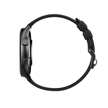 future tech gadgets Canada. smart tech store Canada. Techtron FAMO60 Fashion Smart Watch. Gallery image 9. The image shows a black smartwatch viewed from the side, highlighting its sleek design. The watch features a round face with a textured crown on the left side and a button below it. The strap is made of a flexible material and is also black, with a metal clasp visible at the end.