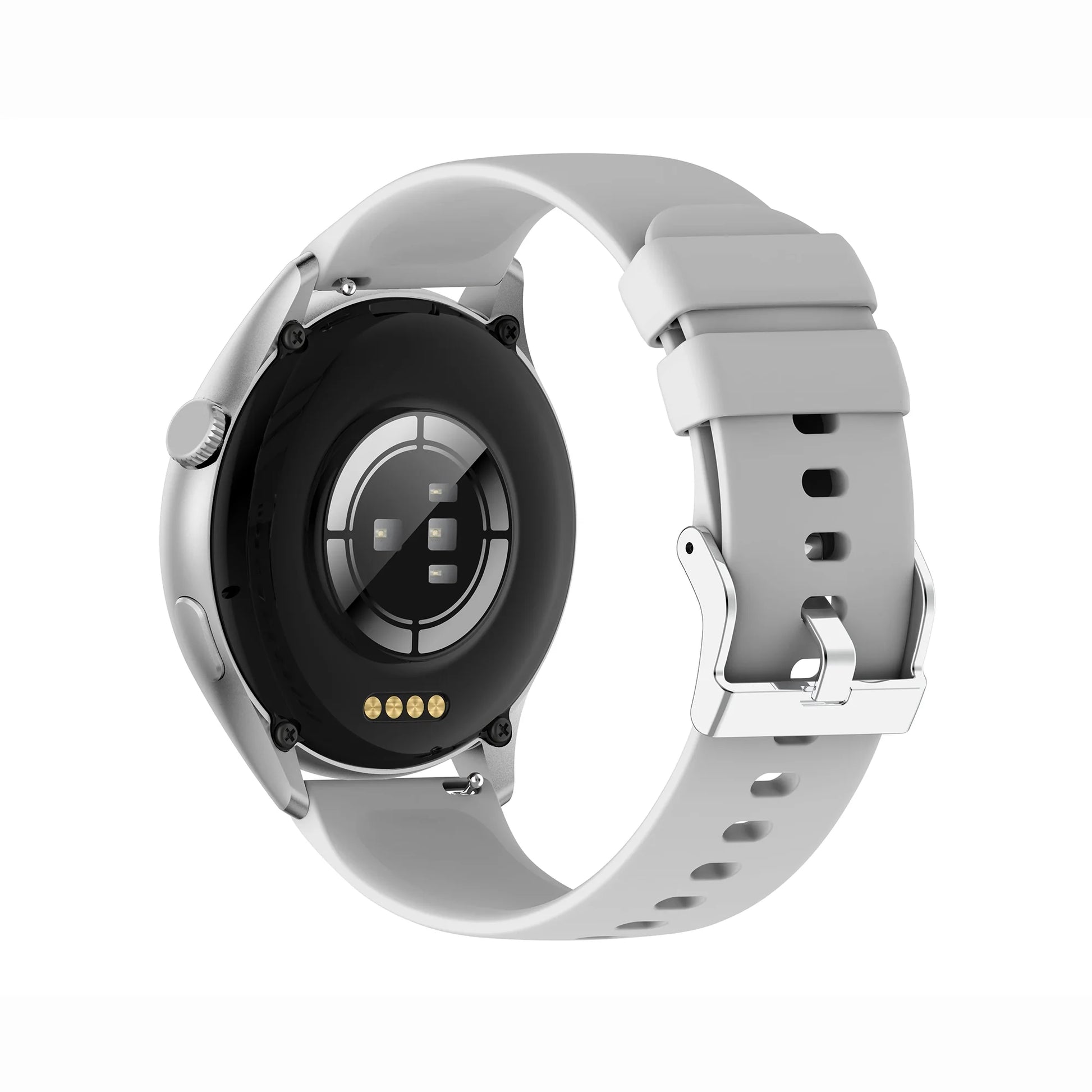 future tech gadgets Canada. smart tech store Canada. Techtron FAMO60 Fashion Smart Watch. Gallery image 11. The image shows the back of a smartwatch, angled slightly to the right. The watch features a glossy black circular sensor area surrounded by a silver metal casing. There are four small sensors visible in the center, along with gold charging contacts at the bottom. The strap is a light gray silicone, with a smooth finish and multiple holes for adjustment, secured by a silver metal clasp.