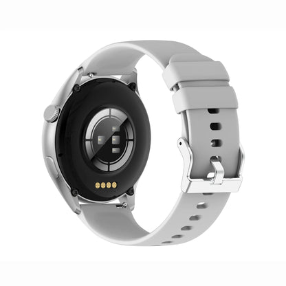 future tech gadgets Canada. smart tech store Canada. Techtron FAMO60 Fashion Smart Watch. Gallery image 11. The image shows the back of a smartwatch, angled slightly to the right. The watch features a glossy black circular sensor area surrounded by a silver metal casing. There are four small sensors visible in the center, along with gold charging contacts at the bottom. The strap is a light gray silicone, with a smooth finish and multiple holes for adjustment, secured by a silver metal clasp.
