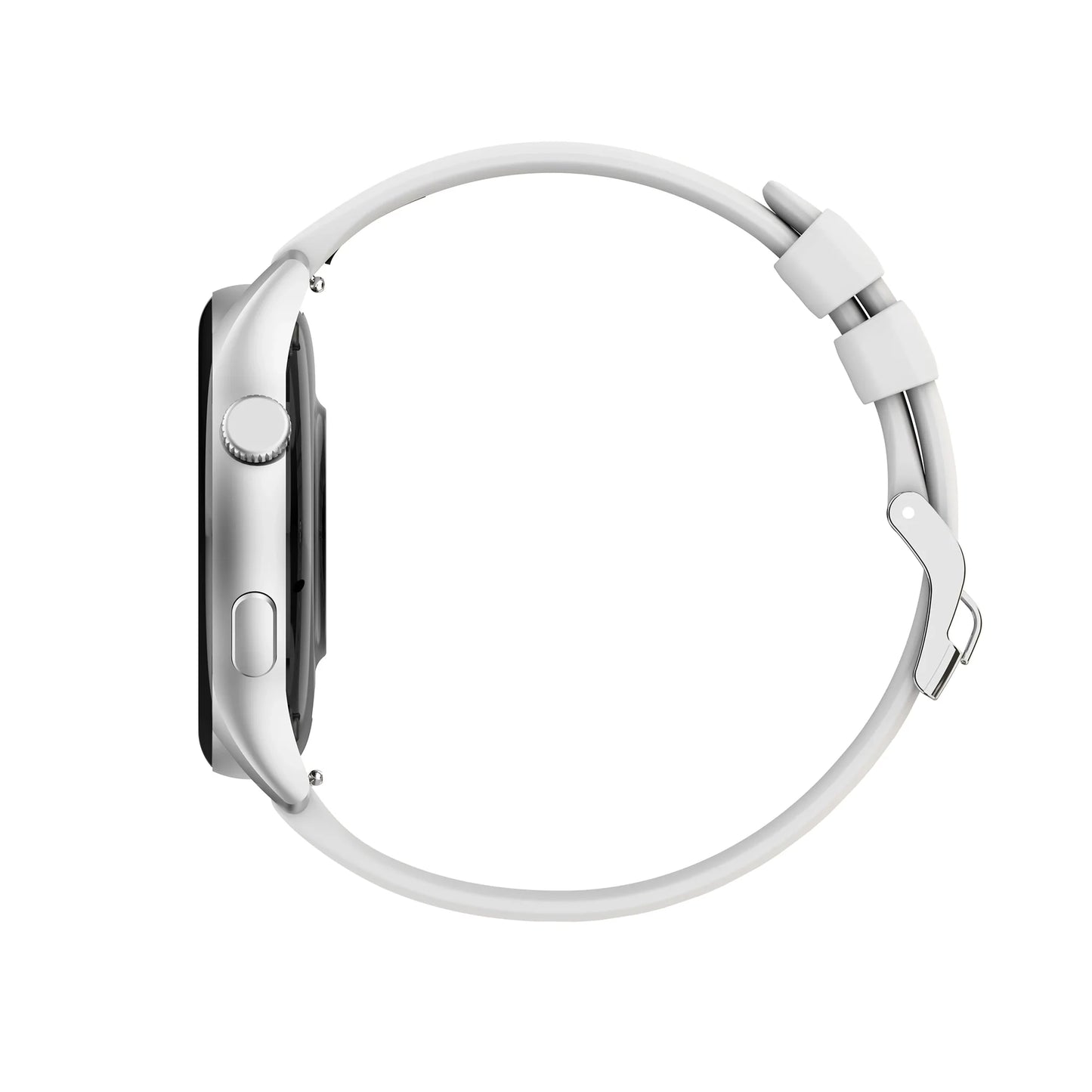 future tech gadgets Canada. smart tech store Canada. Techtron FAMO60 Fashion Smart Watch. Gallery image 12. The watch is displayed in a side profile, centered against a plain white background. Its body features a sleek, matte silver finish, with a black screen that is slightly recessed. A round, textured crown is visible on the left side, along with a flat button below it. The strap is a smooth, white silicone that curves gently around the watch, secured with a silver metal clasp.