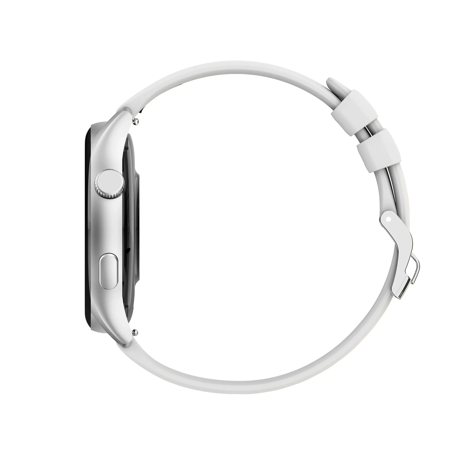 future tech gadgets Canada. smart tech store Canada. Techtron FAMO60 Fashion Smart Watch. Gallery image 12. The watch is displayed in a side profile, centered against a plain white background. Its body features a sleek, matte silver finish, with a black screen that is slightly recessed. A round, textured crown is visible on the left side, along with a flat button below it. The strap is a smooth, white silicone that curves gently around the watch, secured with a silver metal clasp.