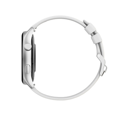 future tech gadgets Canada. smart tech store Canada. Techtron FAMO60 Fashion Smart Watch. Gallery image 12. The watch is displayed in a side profile, centered against a plain white background. Its body features a sleek, matte silver finish, with a black screen that is slightly recessed. A round, textured crown is visible on the left side, along with a flat button below it. The strap is a smooth, white silicone that curves gently around the watch, secured with a silver metal clasp.