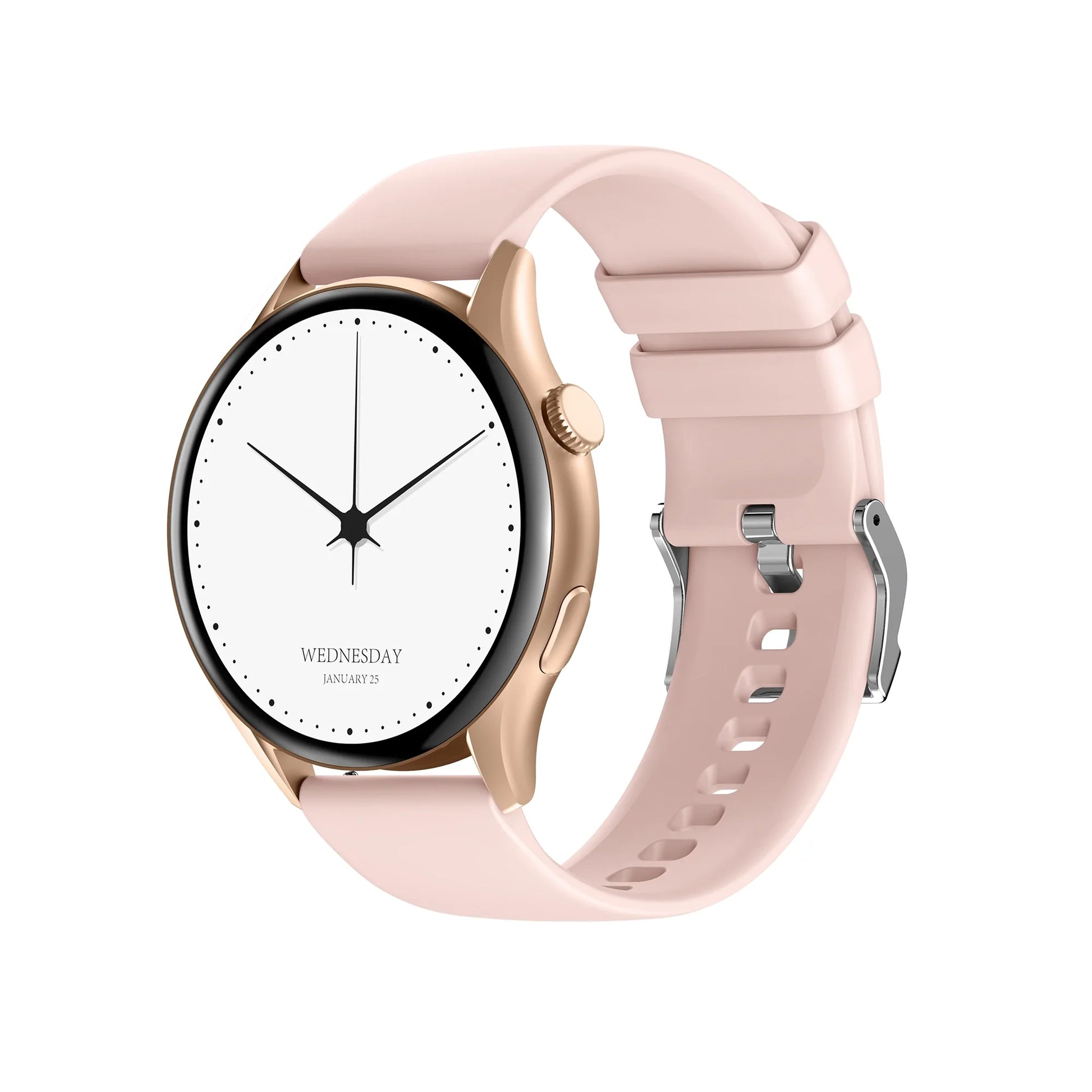 future tech gadgets Canada. smart tech store Canada. Techtron FAMO60 Fashion Smart Watch. Gallery image 3. The watch is positioned at a slight angle, showcasing its round face and soft pink silicone strap. The watch face features a white background with black hour markers and hands, displaying the day "WEDNESDAY" and the date "JANUARY 25" in a modern font. A gold-tone bezel surrounds the face, adding a touch of elegance.