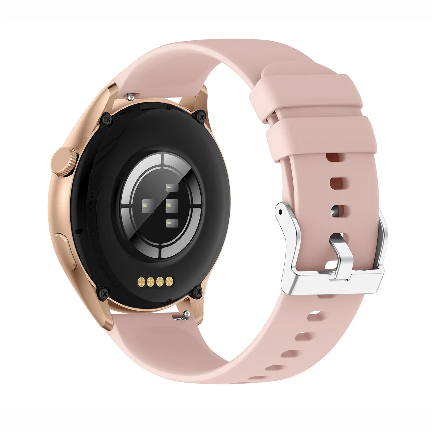 future tech gadgets Canada. smart tech store Canada. Techtron FAMO60 Fashion Smart Watch. Gallery image 4. The image shows the back of a smartwatch positioned at a slight angle, revealing its sleek design. The watch features a glossy black circular sensor in the center, surrounded by a gold-toned metal casing. A light pink silicone strap is attached, with a silver metal buckle visible on the right side. The background is a seamless white, enhancing the watch's modern aesthetic.