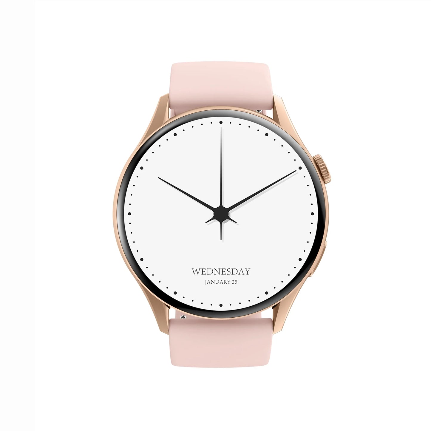 future tech gadgets Canada. smart tech store Canada. Techtron FAMO60 Fashion Smart Watch. Gallery image 5. The watch is centered in the frame, showcasing a round face with a white background. The hour and minute hands are black, with a star-shaped hour hand, while small black dots mark the hours around the edge. Below the time display, the words "WEDNESDAY" and "JANUARY 25" are clearly visible.