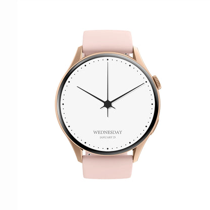 future tech gadgets Canada. smart tech store Canada. Techtron FAMO60 Fashion Smart Watch. Gallery image 5. The watch is centered in the frame, showcasing a round face with a white background. The hour and minute hands are black, with a star-shaped hour hand, while small black dots mark the hours around the edge. Below the time display, the words "WEDNESDAY" and "JANUARY 25" are clearly visible.