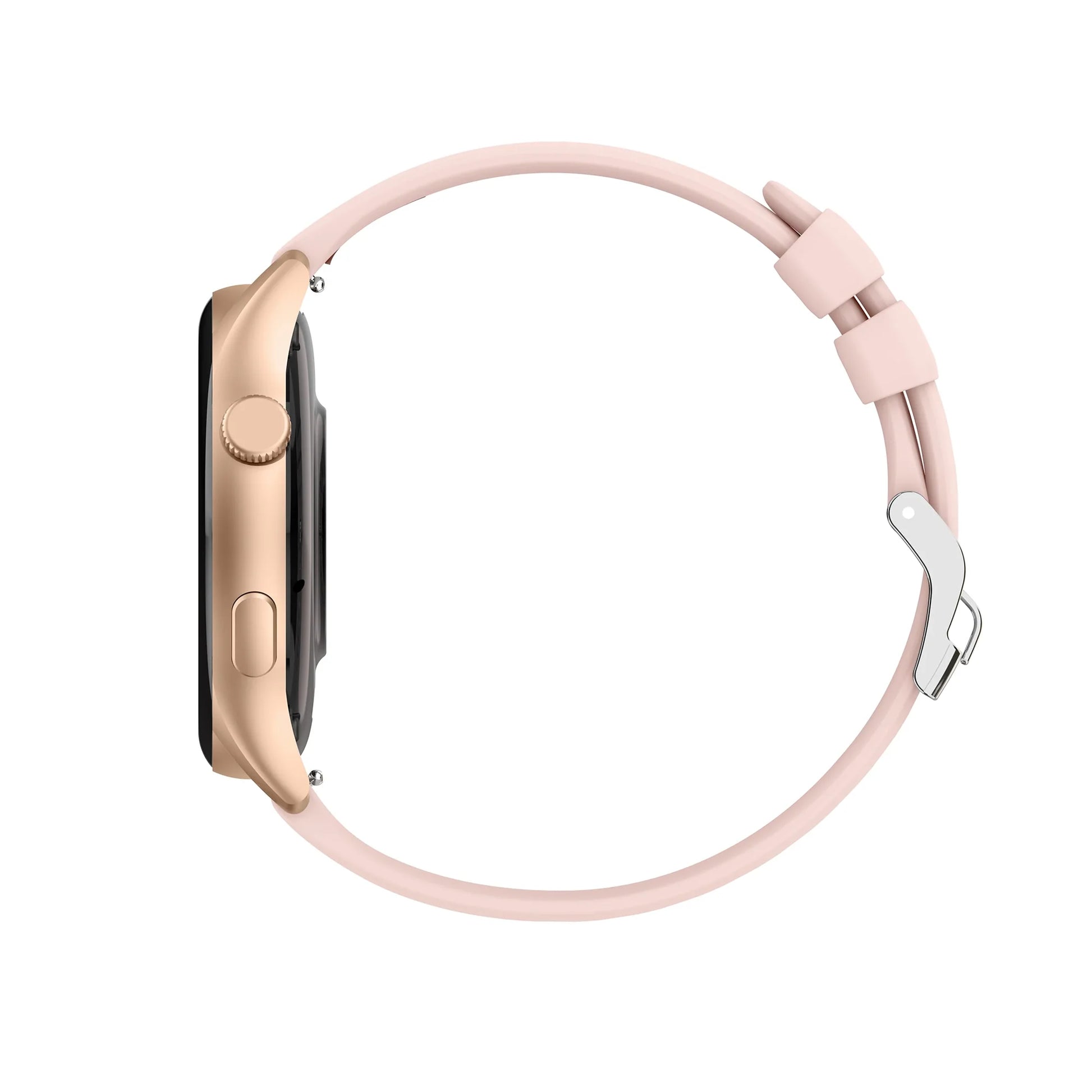 future tech gadgets Canada. smart tech store Canada. Techtron FAMO60 Fashion Smart Watch. Gallery image 6. The image shows a smartwatch viewed from the side, positioned slightly angled to the right. The watch features a sleek, gold-tone body with a black screen, and a soft pink silicone strap that curves gently around the wrist. A round crown and a button are visible on the side of the watch, along with a silver clasp on the strap.