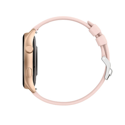 future tech gadgets Canada. smart tech store Canada. Techtron FAMO60 Fashion Smart Watch. Gallery image 6. The image shows a smartwatch viewed from the side, positioned slightly angled to the right. The watch features a sleek, gold-tone body with a black screen, and a soft pink silicone strap that curves gently around the wrist. A round crown and a button are visible on the side of the watch, along with a silver clasp on the strap.
