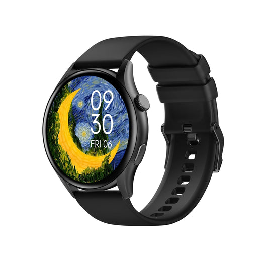 future tech gadgets Canada. smart tech store Canada. Techtron FAMO60 Fashion Smart Watch. Gallery image 1. The smartwatch is positioned at a slight angle, showcasing its round face and black silicone strap. The display features a vibrant artwork reminiscent of Van Gogh's "Starry Night," with a prominent yellow crescent moon and swirling blue background. A digital clock reads "09:30" with "FRI 06" below it. The watch has a sleek black bezel and a side button, adding to its modern design.