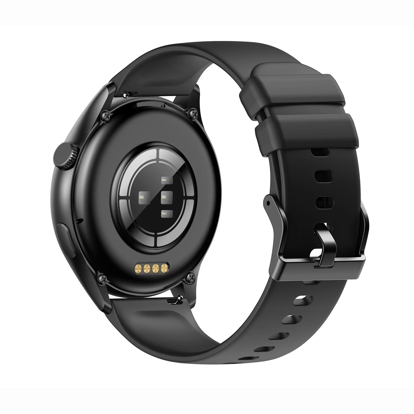 future tech gadgets Canada. smart tech store Canada. Techtron FAMO60 Fashion Smart Watch. Gallery image 7. The image shows a black smartwatch viewed from a slight angle, highlighting its round back. The surface is glossy, with a central sensor surrounded by a circular pattern and four small sensors visible. The watch strap is made of matte black rubber, featuring multiple holes for adjustment and a metal buckle. The background is a seamless white, providing a clean contrast to the watch.