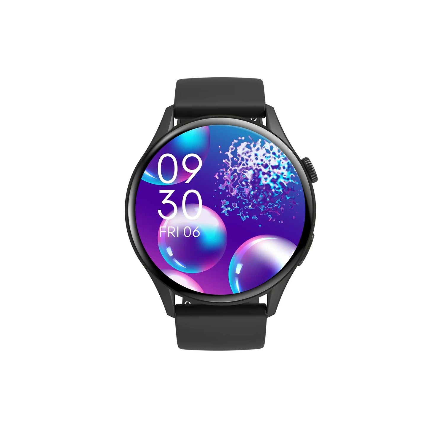 future tech gadgets Canada. smart tech store Canada. Techtron FAMO60 Fashion Smart Watch. Gallery image 8. The smartwatch is centered in the frame, showcasing a round display with a vibrant, colorful background featuring bubbles and abstract shapes. The time reads "09:30" with the date "FRI 06" displayed below. The watch has a sleek black body and a matte black strap, which contrasts with the bright colors of the screen. A small side button is visible on the right side of the watch.