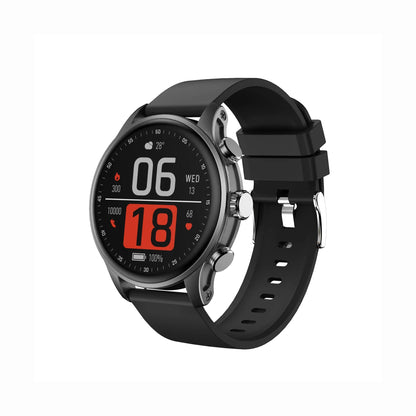 future tech gadgets Canada. smart tech store Canada. Techtron FAMO51 Fashion Smart Watch. Gallery image 2. The smartwatch is positioned at a slight angle, showcasing its round face and black silicone strap. The display features a dark background with bold red and white numbers indicating the time, date, and various health metrics. Three metallic buttons are visible on the right side of the watch, adding a touch of contrast to the overall design.