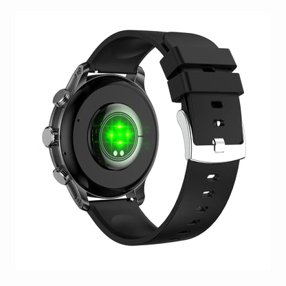 future tech gadgets Canada. smart tech store Canada. Techtron FAMO51 Fashion Smart Watch. Gallery image 3. The image shows a smartwatch viewed from the side, highlighting its circular black case and a green light emanating from the back, indicating a sensor in use. The watch features three silver buttons on the left side and a matte black silicone strap with multiple adjustment holes. The background is plain white, providing a clean contrast to the watch's design.