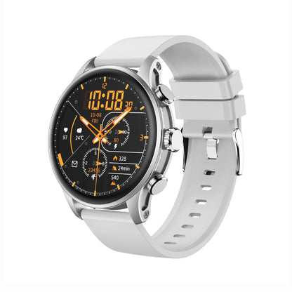 future tech gadgets Canada. smart tech store Canada. Techtron FAMO51 Fashion Smart Watch. Gallery image 4. The smartwatch is positioned at a slight angle, showcasing its round face and silver bezel. The display features a black background with vibrant orange accents, displaying the time, date, and various health metrics. The watch has a white silicone strap that appears smooth and flexible, with a secure buckle.