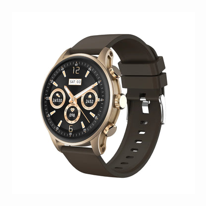future tech gadgets Canada. smart tech store Canada. Techtron FAMO51 Fashion Smart Watch. Gallery image 5. The smartwatch is angled slightly to the right, showcasing its round face and gold-tone bezel. The black dial features multiple circular displays with white and gold accents, indicating various metrics, while the date is shown at the top. A dark brown silicone strap wraps around the watch, with a smooth finish and a secure clasp visible on the side.
