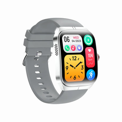 future tech gadgets Canada. smart tech store Canada. Techtron FAMO89S Fashion Smart Watch. Gallery image 10. The smartwatch is positioned at a slight angle, showcasing its rectangular face and gray silicone strap. The screen displays a vibrant interface with a large yellow clock face, date, and various colorful app icons, including health metrics and notifications. The body of the watch is silver, reflecting light subtly, while the strap features ventilation holes for breathability.