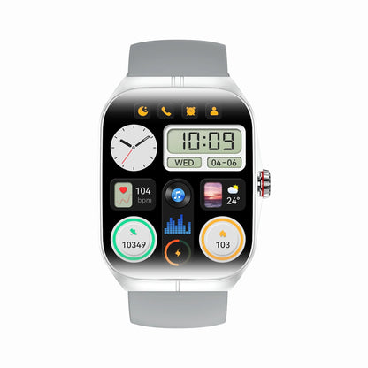 future tech gadgets Canada. smart tech store Canada. Techtron FAMO89S Fashion Smart Watch. Gallery image 11. The smartwatch is centered in the frame, showcasing a sleek, rectangular design with a silver metal body and a gray silicone strap. The screen displays a vibrant black background filled with various colorful icons, including a clock, heart rate monitor, music player, and weather information. The time reads 10:09, with the date shown as Wednesday, April 6.