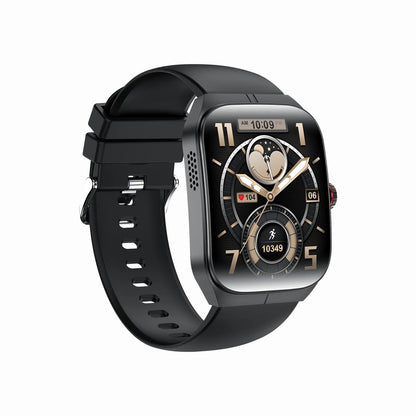 future tech gadgets Canada. smart tech store Canada. Techtron FAMO89S Fashion Smart Watch. Gallery image 4. The smartwatch is angled slightly to the right, showcasing its square face and black silicone strap. The screen displays a detailed watch face with gold accents, featuring a heart rate monitor, step count, and time. The background is a seamless white, emphasizing the watch's sleek design. Soft lighting highlights the glossy finish of the watch face and the matte texture of the strap.