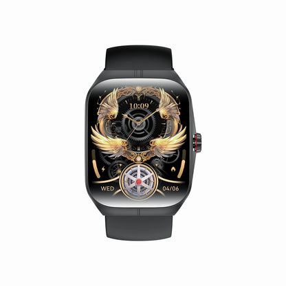 future tech gadgets Canada. smart tech store Canada. Techtron FAMO89S Fashion Smart Watch. Gallery image 5. The smartwatch is centered in the frame, showcasing a striking, ornate watch face featuring golden wings and intricate gear designs against a black background. The time is displayed prominently at the top as "10:09," with the date "04/06" at the bottom. The watch has a sleek, rectangular body with a glossy finish and a matte black strap.