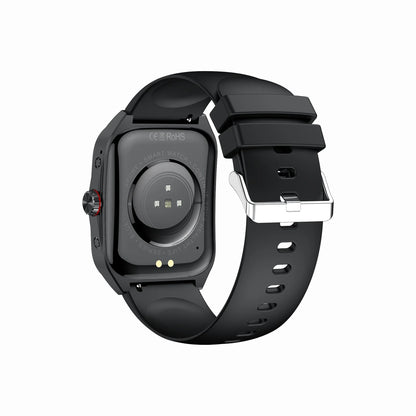 future tech gadgets Canada. smart tech store Canada. Techtron FAMO89S Fashion Smart Watch. Gallery image 6. The smartwatch is positioned at an angle, showcasing its black rear casing and silicone strap. The back features a circular sensor area with three small sensors and two status LEDs, one green and one yellow, positioned below. A silver button with a red accent is located on the left side. The background is plain white, emphasizing the watch's sleek design and matte finish.
