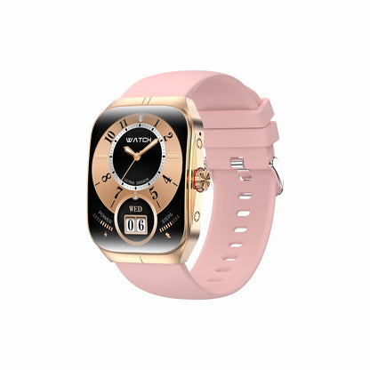 future tech gadgets Canada. smart tech store Canada. Techtron FAMO89S Fashion Smart Watch. Gallery image 2. The smartwatch is prominently displayed at an angle, showcasing its rectangular face and pink silicone strap. The watch face features a black background with gold accents, displaying the time, date, and step count in a digital format. A small crown is visible on the right side, adding a touch of elegance.