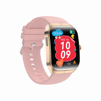 future tech gadgets Canada. smart tech store Canada. Techtron FAMO89S Fashion Smart Watch. Gallery image 7. The smartwatch is positioned at a slight angle, showcasing its rounded square face and soft pink silicone strap. The screen displays a colorful interface with the date, time, and various health metrics, including heart rate and step count, highlighted in bold, playful graphics.
