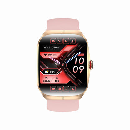 future tech gadgets Canada. smart tech store Canada. Techtron FAMO89S Fashion Smart Watch. Gallery image 8. The smartwatch is centered in the frame, showcasing a vibrant display with a mix of red and black colors. The screen features various icons, including time, heart rate, and weather information, all displayed in a modern, digital style. The watch has a gold metallic body with a soft pink silicone strap.