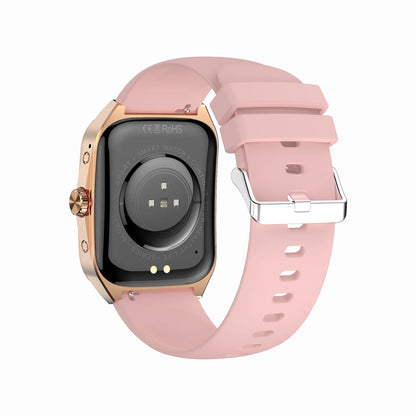 future tech gadgets Canada. smart tech store Canada. Techtron FAMO89S Fashion Smart Watch. Gallery image 9. The image shows a smart watch viewed from the back, angled slightly to the right. The watch features a glossy black body with a rose gold trim and a soft pink silicone strap.