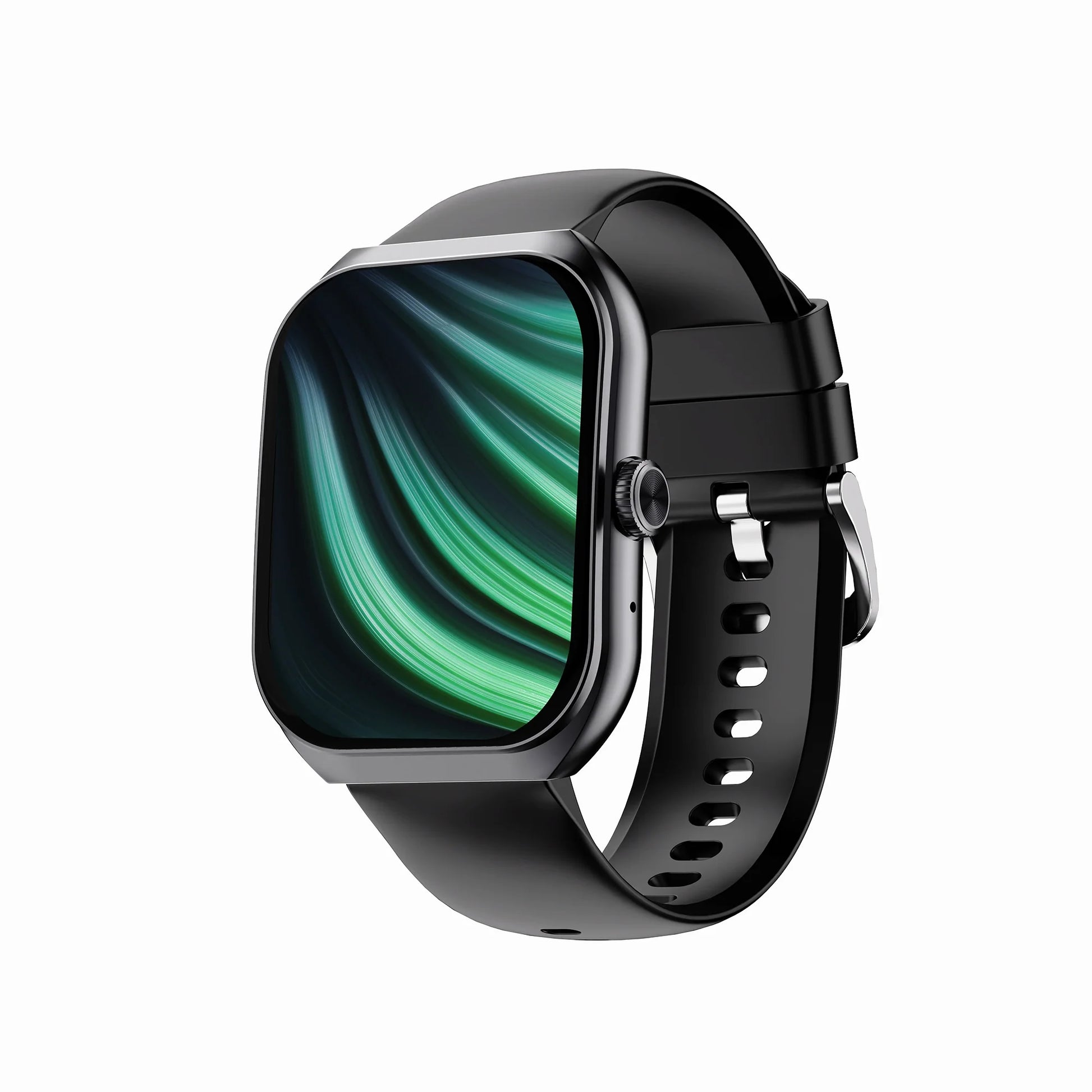 future tech gadgets Canada. smart tech store Canada. Techtron FAMO89 Fashion Smart Watch. Gallery image 1. The smartwatch is positioned at a slight angle, showcasing its square face and black silicone strap. The screen displays a vibrant, swirling green and blue pattern, emphasizing its modern design. The body features a glossy black finish with a silver accent around the display and a side button for navigation. The background is a seamless white, allowing the watch to stand out clearly.