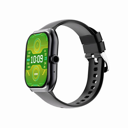 future tech gadgets Canada. smart tech store Canada. Techtron FAMO89 Fashion Smart Watch. Gallery image 2. The smartwatch is positioned at a slight angle, showcasing its rectangular face and black silicone strap. The vibrant green display features digital time and date indicators, along with various health metrics. A silver button is visible on the right side of the watch, and the strap has multiple holes for adjustment. The background is plain, allowing the watch to stand out prominently.