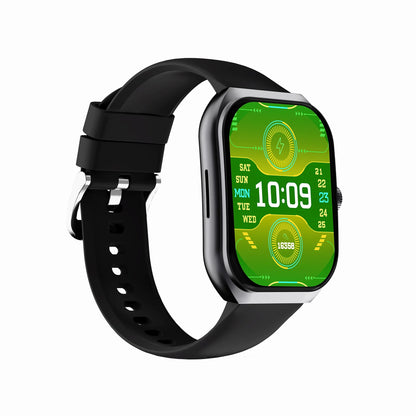 future tech gadgets Canada. smart tech store Canada. Techtron FAMO89 Fashion Smart Watch. Gallery image 4. The smartwatch is positioned at a slight angle, showcasing its rectangular face and black silicone strap. The vibrant green display features digital time, day, and date, along with fitness metrics, highlighted by circular graphics. The watch's body has a glossy finish with a silver trim around the screen, contrasting with the matte strap.