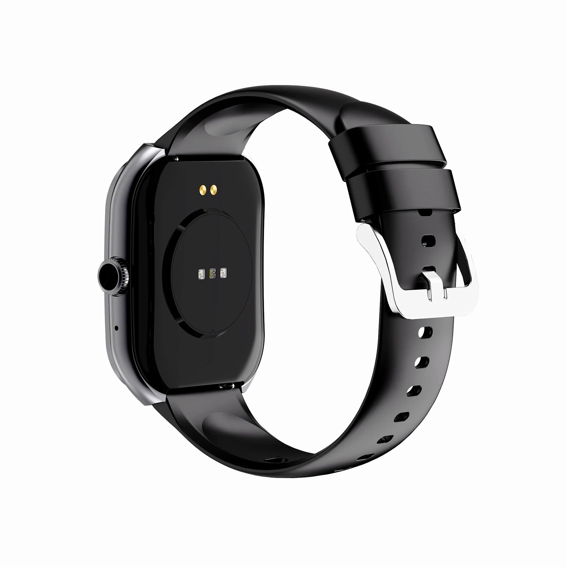 future tech gadgets Canada. smart tech store Canada. Techtron FAMO89 Fashion Smart Watch. Gallery image 5. The smartwatch is positioned at a slight angle, showcasing its sleek black body and glossy finish. The strap is made of matte black rubber, featuring multiple holes for adjustment, and is secured with a shiny silver buckle. On the watch face, two small sensors and a circular charging area are visible, along with a side button for navigation.