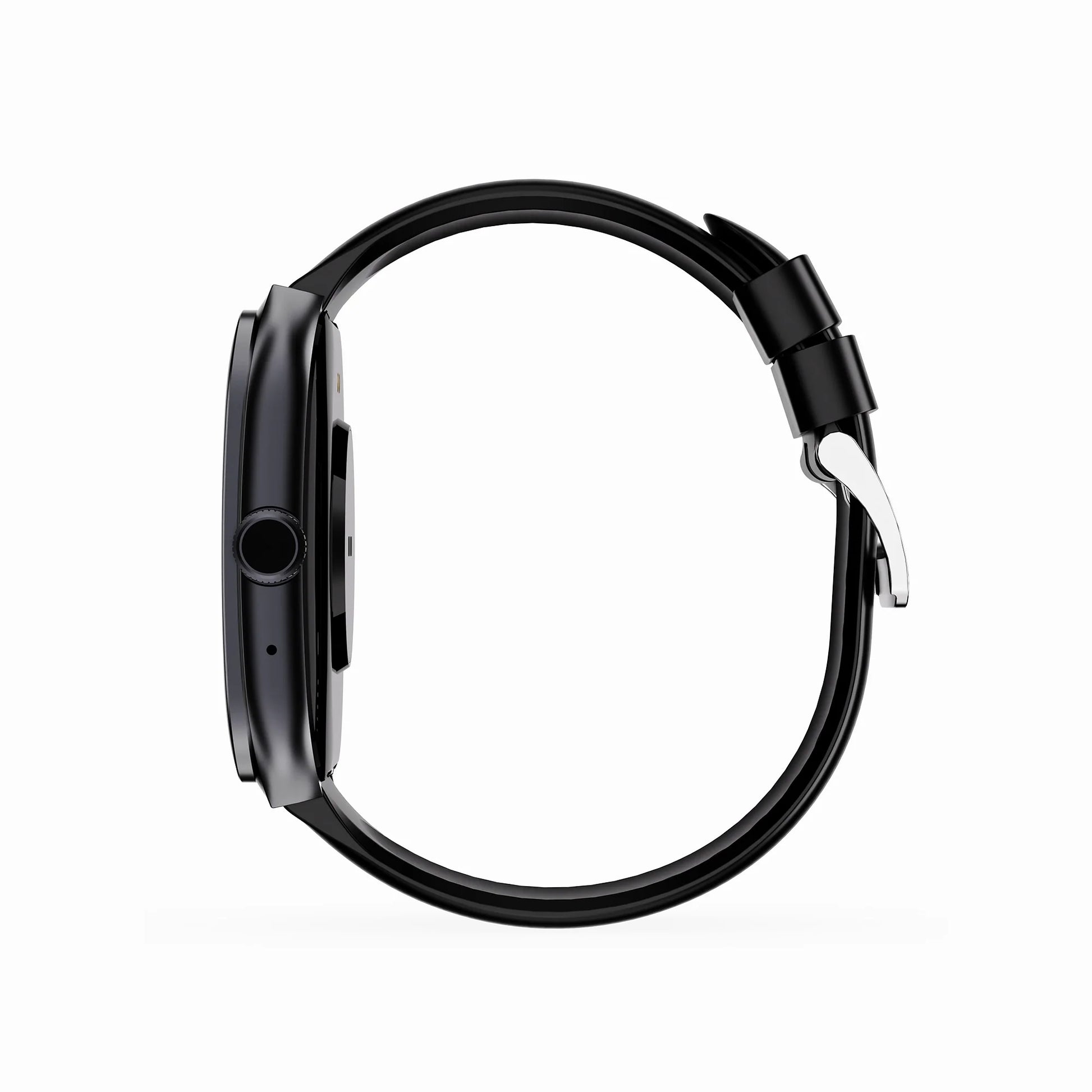 future tech gadgets Canada. smart tech store Canada. Techtron FAMO89 Fashion Smart Watch. Gallery image 15. The smartwatch is displayed in profile, centered against a seamless white background. The body is sleek and matte black, with a round face and a prominent side button. A small microphone hole is visible near the top edge, and the strap is made of a flexible black material, curving smoothly around the wrist. The clasp is metallic, adding a touch of contrast.
