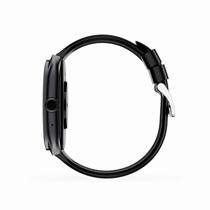 future tech gadgets Canada. smart tech store Canada. Techtron FAMO89 Fashion Smart Watch. Gallery image 15. The smartwatch is displayed in profile, centered against a seamless white background. The body is sleek and matte black, with a round face and a prominent side button. A small microphone hole is visible near the top edge, and the strap is made of a flexible black material, curving smoothly around the wrist. The clasp is metallic, adding a touch of contrast.