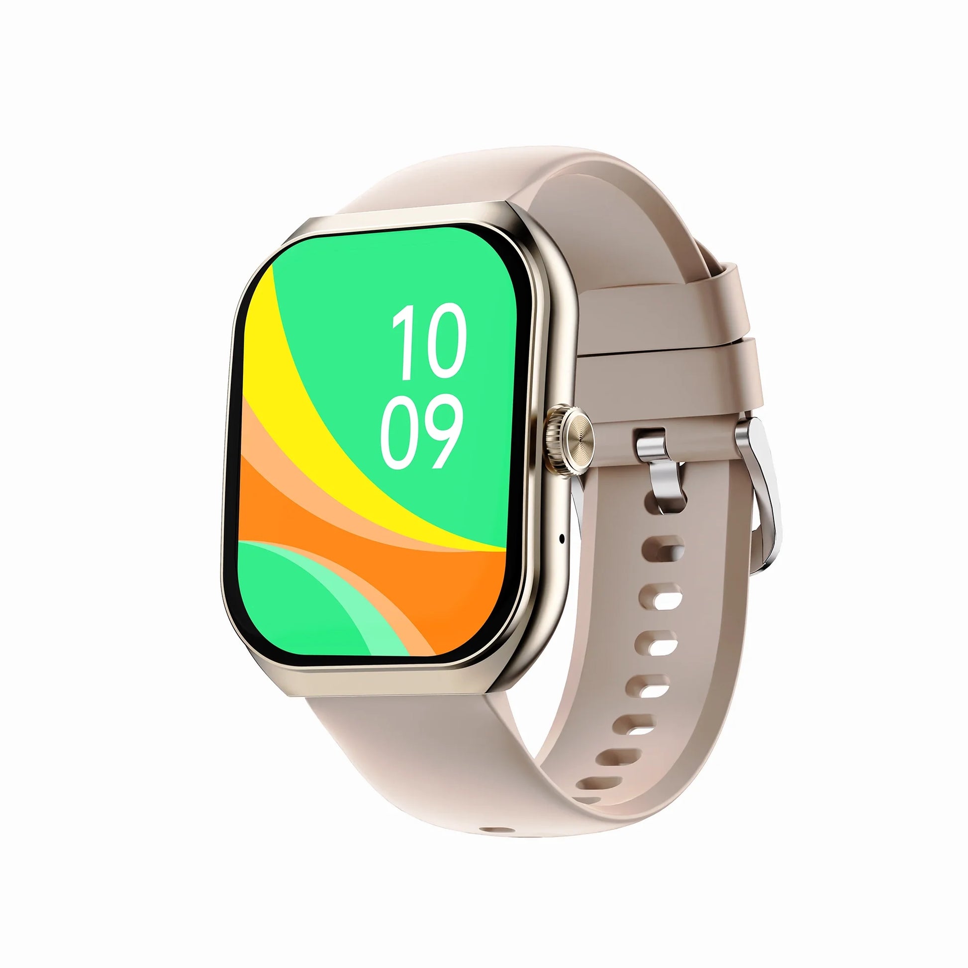 future tech gadgets Canada. smart tech store Canada. Techtron FAMO89 Fashion Smart Watch. Gallery image 3. The smartwatch is angled slightly to the right, showcasing its square face with a vibrant green and orange display that reads "10:09." The body features a glossy gold trim, contrasting with the soft matte finish of the light beige strap, which has ventilation holes. A round button is visible on the side of the watch, and the strap is secured with a silver clasp.